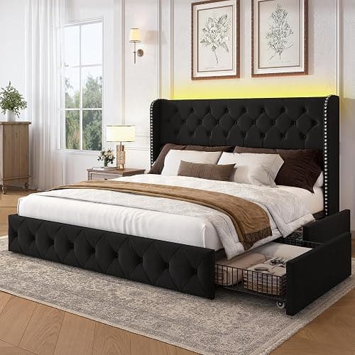 LARMACE King Size Bed Frame with LED Lights and 4 Storage Drawers Velvet Upholstered Platform Bed Frame with 47.2" Tall Tufted Headboard Wingback, No Box Spring Needed, Easy to Assemble, Black - Image 1