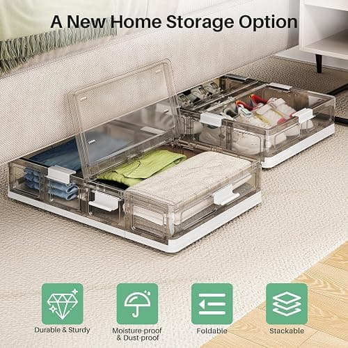 Kitstorack Clear Plastic Under Bed Storage Containers Bins with Lids and 8 Pre-installed Wheels,37.8 Qt, Rolling Foldable Flat Under Bed Organizer Boxes for Clothes Shoes Clothing Bedroom thumbnail 4