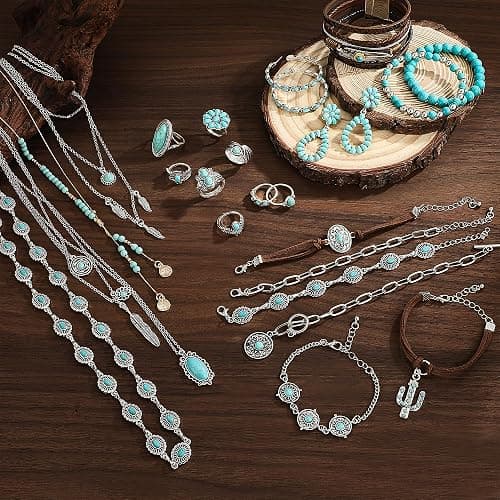 FEYIR Bohemian Turquoise Jewelry Set for Women Boho Turquoise Layered Necklace Bracelet Western Belt Stackable Ring Earrings Western Jewelry Accessories thumbnail 4