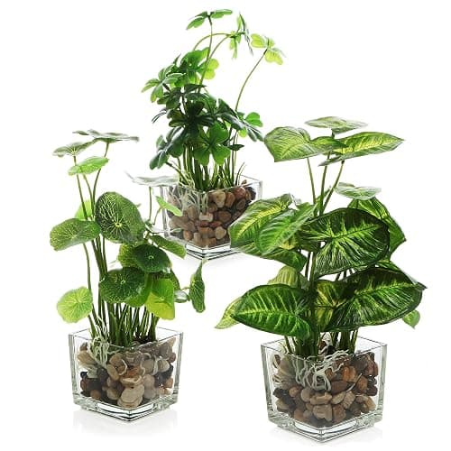 MyGift Set of 3 Fake Plants, Small Artificial Potted Plants Indoor in Clear Glass Pot, 9.5 Inch Faux Plant for Home Decor - Image 1