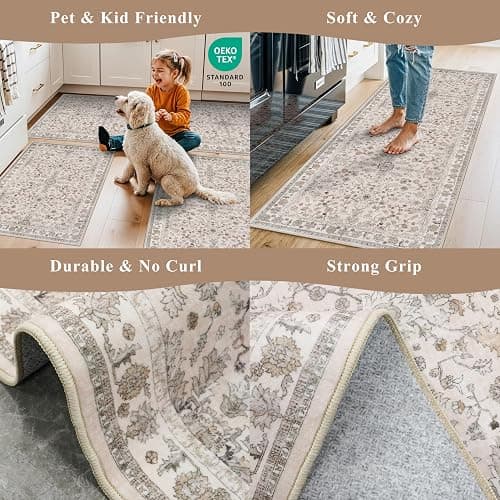 2x3 Non-Slip Washable Kitchen Rug – Boho Small Accent Rug for Sink & Entryway, Soft Low Pile Thin Carpet for Pet Area & Bathroom, Indoor Door Mat (Beige,2x3) thumbnail 5