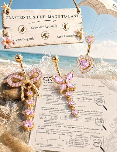 9 Pcs Belly Button Ring for Women Surgical Steel Dangle Pink Belly Piercing | 14G Stainless Steel Dangling Belly Rings Non Tarnish Navel Piercing Jewelry Set Pink Heart Butterfly Flower Body Jewelry thumbnail 3