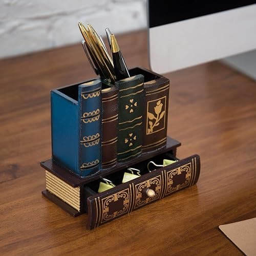 MyGift Decorative Desk Organizer Caddy, Pencil and Pen Holder with Bottom Storage Drawer and Antique Library Books Design thumbnail 4