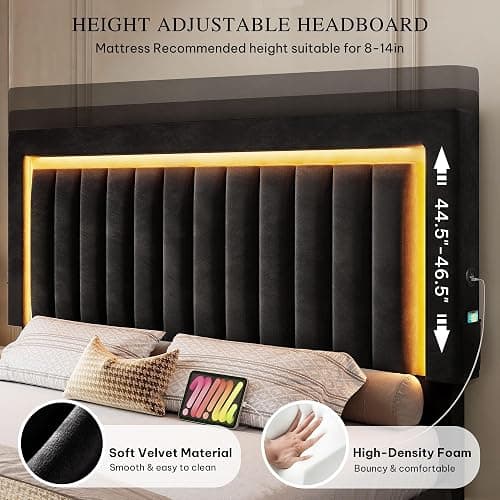 YITAHOME Queen Size Bed Frame with Adjustable Headboard, 4 Storage Drawers and RGB LED Lights, Velvet Upholstered Platform Bed with USB Ports, No Box Spring Needed, Fast Assembly, Noise-Free, Black thumbnail 4