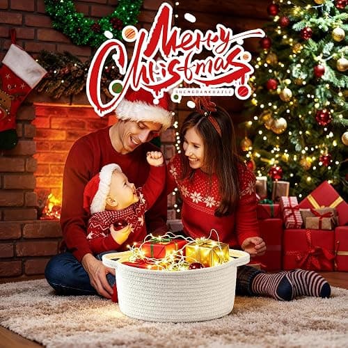 Happyiren Cute Woven Storage Basket with Handle, Baskets for Gifts Empty, Gift Baskets for Christmas Birthday Baby Shower Burr, Decorative Organizer Box for Baby Toy Pet, 13" D x 8" W x 6" H thumbnail 2