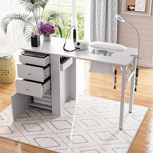 Foldable Nail Table with Dust Collector, Manicure Desk for Nail Tech, with LED Lamp, Wrist Rest, Rolling Nail Table for Salon, Home Beauty Workstation, Compact Nail Station with Storage (White) - Image 1