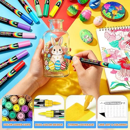 48 Colors Acrylic Paint Markers, Direct Ink Flow Dual-Tip Acrylic Markers Set, Soft Brush Tip Paint Pens with Opaque Coverage for Rock Painting, Canvas, Glass, Wood, Ceramic & DIY Craft, Set of 24 thumbnail 3
