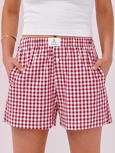 ANRABESS Boxer Shorts for Women Gingham Pajama 2025 Summer Casual Lounge Sleep Plaid Shorts Y2K Beach Bottoms - Red White Plaid - Large thumbnail 2