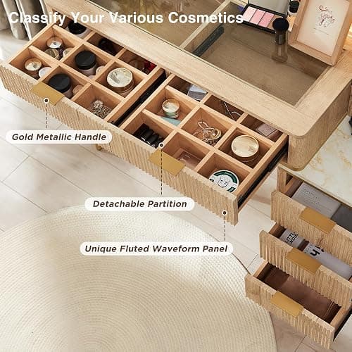 T4TREAM Fluted Makeup Vanity Desk with 36" HD Lighted Mirror, 48" Big Modern Vanity Desk with Mirror and Lights, Dressing Table with 5 Drawers & Shelves, Glass Top for Bedroom (Natural Oak) thumbnail 5