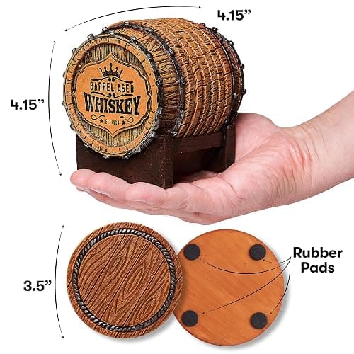 Cabin Obsession Whiskey Barrel Coaster Set – Handcrafted Whiskey Barrel Decor for Whiskey Lovers and Man Cave Gifts for Men - 6 Full Size Whiskey Coasters with Barrel Style Holder for Man Cave Décor thumbnail 3
