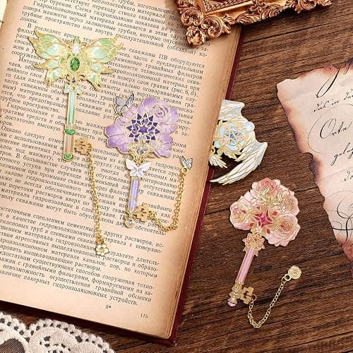 4pcs Metal Bookmarks Set for Reading Women and Men, Enchanted Floral Wing Key Magic Reading Accessories, Fantasy Book Marks Gifts for Book Lovers Readers Kids Page Holders with Flower Feather Designs thumbnail 6