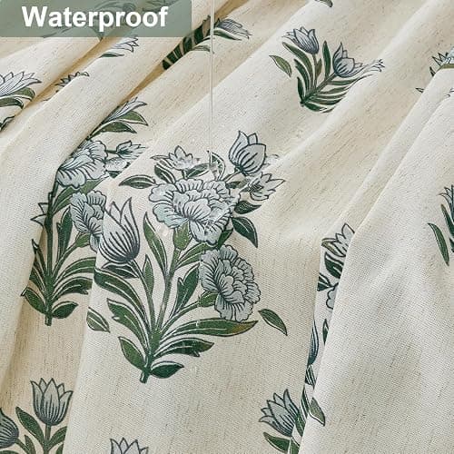 PROCIDA Green Scalloped Shower Curtain- Blue Block Print Floral, 72x72 Inch Linen Blend Bathroom Curtain with 12 Metal Hooks, Botanical Flower Bath Curtain for Country Bathrooms. thumbnail 6