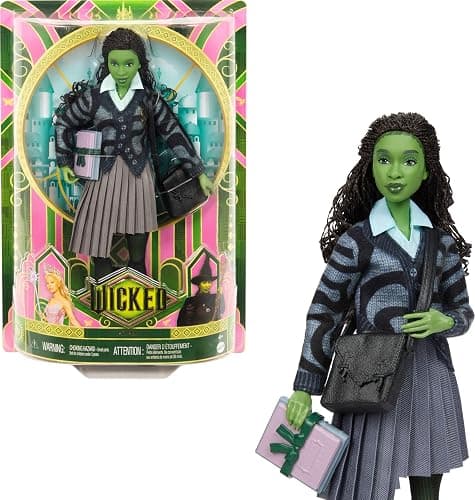Mattel Universal Wicked Elphaba Fashion Doll & Accessories with Green Skin, Braided Black Hair, Posability & Removable School Uniform - Image 1