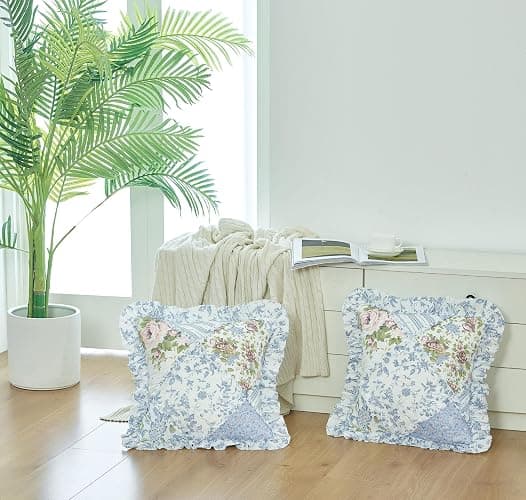 Brilliant Sunshine Blue Rose Patchwork Ruffle Pillowshams, Quilted Decorative Pillow Covers Set, Square Throw Cushion Cases for Couch, Reclining Chair, Car, Bed, 18x18, Pack of 2, Blue Rose thumbnail 4