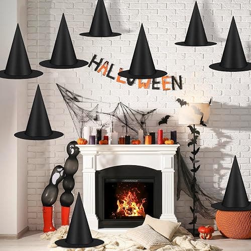 12 PCS Halloween Witch Hats, Black Hanging Witch Hats Porch Yard Decor | Witch Costume Accessories Witches Hat with 328 FT Nylon Cord Wizard Hats Indoor Outdoor Halloween Decorations thumbnail 7