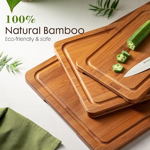 Astercook Deep-Carbonized Bamboo Cutting Boards for Kitchen with Wood Storage Stand, Reversible Charcuterie & Chopping Boards with Juice Grooves and Easy-Grip Handles, Fathers Day Gift for Men thumbnail 5