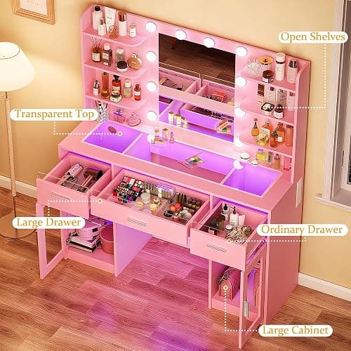 HUAHUU Vanity Desk, Makeup Vanity Desk with Mirror and Lights 3 Colors, Transparent Top with 3 RGB Drawers, 6 Shelves, 2 Large Tempered Cabinets, Power Outlet, for Bedroom, Pink thumbnail 4