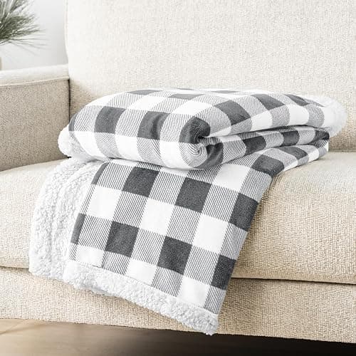 PAVILIA Checkered Sherpa Throw Blanket Couch Sofa Bed, Light Grey, 50x60 | GSM 460; Plush Flannel Fleece with Buffalo Plaid; Warm&Cozy for Home; Perfect Fall & Winter Decor Holiday Christmas Gift thumbnail 5