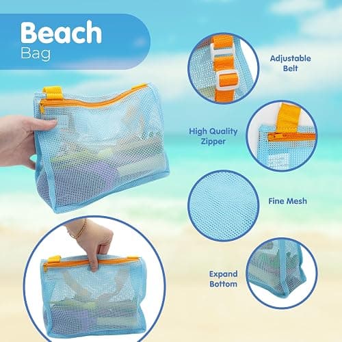 4E's Novelty 2X Shark Tooth Sifter for Beach with 2X Small Mesh Beach Bag for Shell Collecting, Metal Sand Scoop for Picking Up Shells - Beach Toys for Kids (2 Sets) thumbnail 7