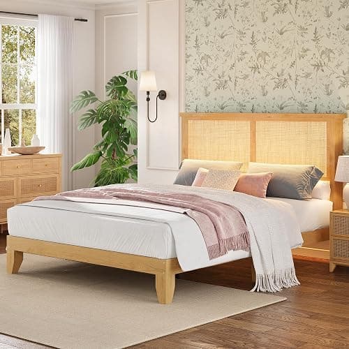 Garvee Bohemian Full Rattan Bed LED Natural Headboard Bedroom | Bohemian full rattan bed with natural headboard, LED lights, solid wood frame. No box spring needed for bedroom use. thumbnail 8