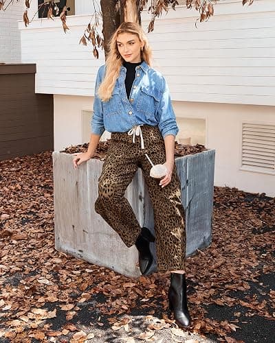 GRAPENT Barrel Jeans for Women Trendy High Waisted Pull On Wide Leg Cropped Leopard Cheetah Print Stretchy Denim Pants thumbnail 7