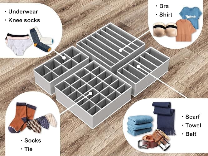Simple Houseware 4-Pack Drawer Organizer Set - Closet Dividers for Underwear, Socks, Bras, Scarves, Ties - Foldable Non-Woven Storage Boxes, Gray thumbnail 5