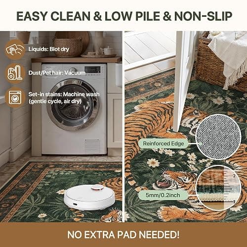 Bavni 5x7 Tiger Print Washable Area Rugs for Living Room Bedroom Non Slip | Vintage Oriental Boho Soft Thin Stain Resistant Low Pile, Botanical Forest Green Animal Carpet for Dining Room Nursery Office thumbnail 6