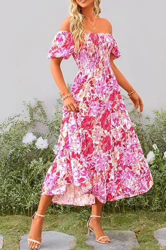 PRETTYGARDEN Women's Smocked Midi Wedding Guest Dress | Puff Short Sleeve, Square Neck A Line, Tiered Ruffle Hem, Long Dresses, Beach Vacation, Cocktail Party, Summer Outfits thumbnail 8