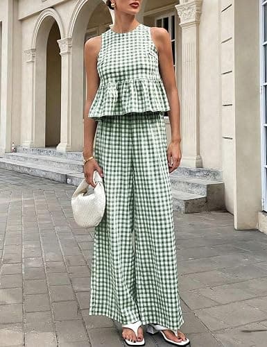 Tanming Women's 2 Piece Set Outfits Gingham Plaid Tank Tops Wide Leg Pants Matching Lounge Sets thumbnail 6