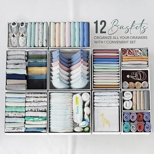Drawer Organizer Clothes Set of 12 White-Grey - Dresser Organizer For Nursery, Bedroom, Closet - Perfect Baby Clothes Organizer and Storage & General Nursery Organization or Dresser Drawer Organizers thumbnail 4