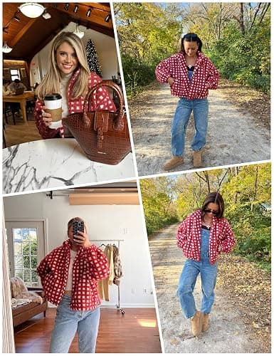 Lianlive Women Winter Sherpa Fleece Jacket Long Sleeve Zip Up Checkered Fuzzy Cropped Coats Warm Outwear with Pockets thumbnail 6