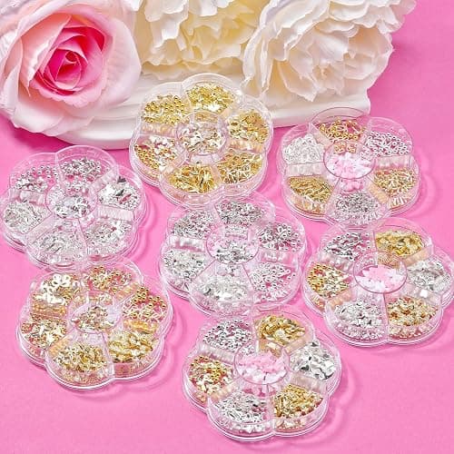 3D Metal Alloy Nail Bows Kit - Silver & Gold Bowknot Charms with 1-3mm Mini Caviar Beads, Tweezers, Pickup Pencil, Cute Nail Charms and Gems Jewelry in Petal-shaped Box (Gold-kit-1) thumbnail 8