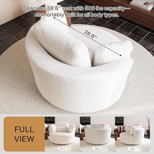 Aortzio 49.6''W Swivel Accent Barrel Chair, Oversized Teddy Fabric Upholstered Round Single Couch Sofa with 4 Pillows for Living Room, Apartment, Bedroom (Ivory). thumbnail 6