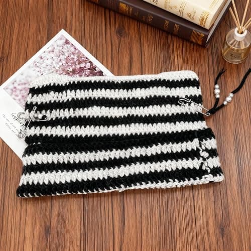 Hshsclth Cat Ear Beanie for Women, Y2K Striped Slouchy Crochet Goth Style with DIY Accessories, Cute Knit Hat with Ears thumbnail 3
