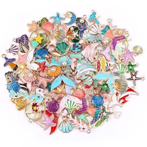 MARFOREVER 120 Pcs Ocean Themed Sea Charms for Jewelry Making, Assorted Gold Enamel Starfish Seashell Marine Pendants for Necklace Earring Bracelet Crafting Holiday Gifts for Women Mom Girls - Image 1