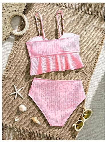 OYOANGLE Girl's Two Piece Metallic Shell Bikini Sets Cut Out Ruffle Top High Waist Hipster Swimsuit thumbnail 2