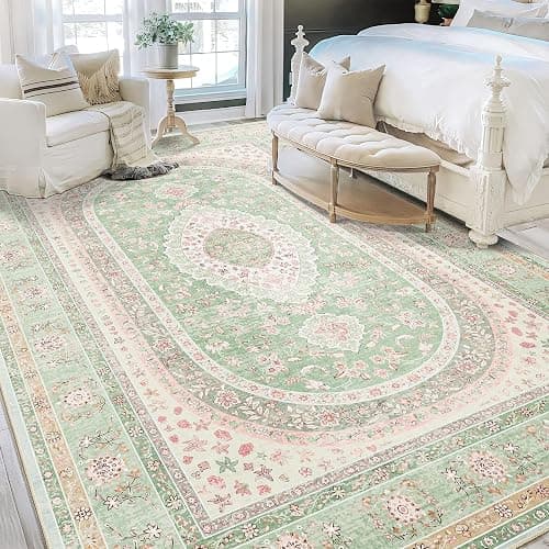 Castage 9x12 Area Rugs Washable,Green Rug for Living Room Bedroom Dining Room,Large Boho Vintage Bohemian Distressed Oriental Carpet Non Slip,Sage Blush Floral - Image 1
