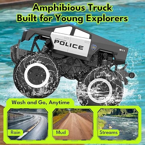 GoBang 1:16 Amphibious Cyber Police Car Monster Truck Toys Remote Control Car Waterproof Rc Cars 4WD All Terrain Off-Road Trucks for 6 7 8 9 10 11 12 Year Old Boys Girls Gifts Presents thumbnail 2