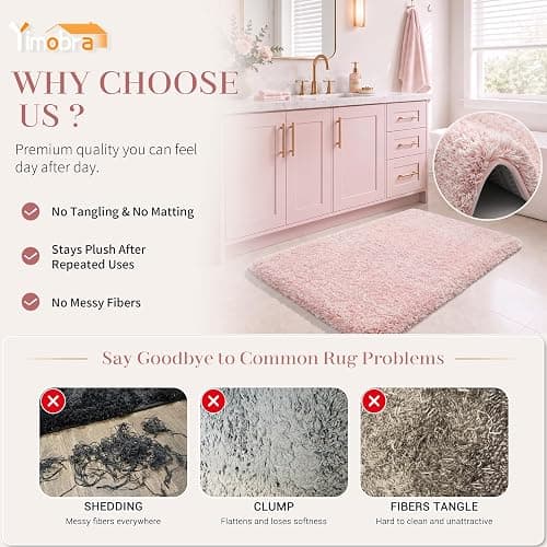 Yimobra Light Pink and White Bathroom Rugs Non Slip Washable, Ultra Soft and Water Absorbent Bath Mats, Plush Fluffy Shower Mat Outside, Microfiber Thick Matts for Bathroom Floor/Sink, 24x17 thumbnail 4