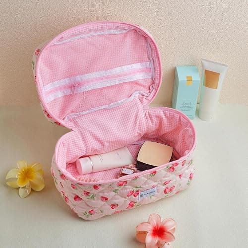 MIROSIE Handmade Makeup Bag, Zipped Skincare Organizer,Strawberry Travel Cosmetic Bag,Large Capacity Beauty Purse for Women Girls, Pink thumbnail 2