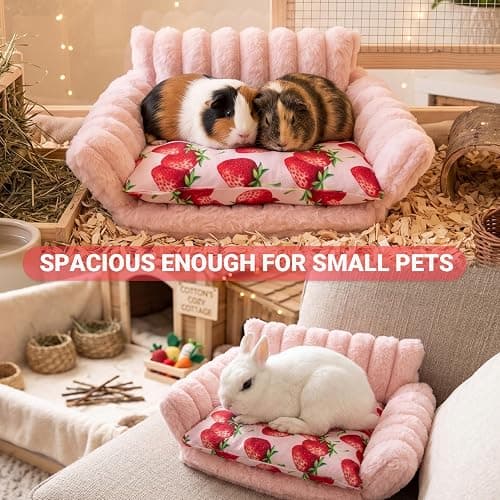 KAYCOWZA Guinea Pig Bed, Washable Fleece Pink Small Pet Cage Accessories | Strawberry Cozy Small Animal Sofa Couch for Guinea Pig, Bunny, Chinchilla, Hamster, Ferret, Hedgehog thumbnail 6