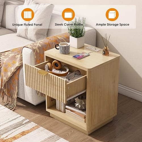 Nasonet Fluted Nightstand Charging Station,Wood Modern Night Stands Storage Cabinet for Bedroom,Oak Bedside Table with Drawers thumbnail 7