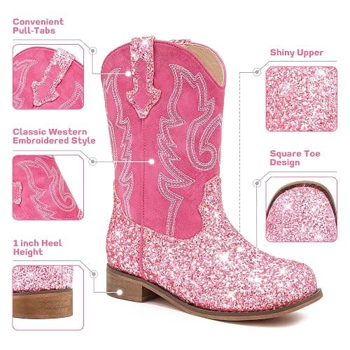 Motasha Girls Cowgirl Boots Unisex-Child Mid Calf Glitter Toddler Cowboy Boot Little Big Kids Western Riding Shoes thumbnail 4