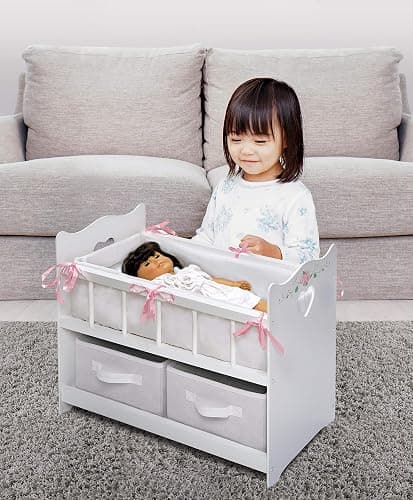 Badger Basket Wooden Doll Bed with Bed Liner, Pillows and Two Storage Baskets - Fits 18" Dolls - Ideal for Pretend Play and Baby Doll Fun - White/Rose Design with Free Personalization Kit thumbnail 2