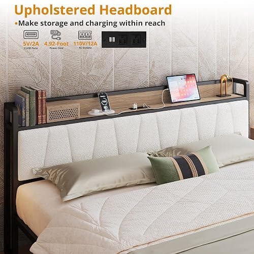 LIKIMIO King Size Bed Frame, Storage Headboard with Charging Station, Platform Bed with Drawers, No Box Spring Needed, Easy Assembly, Wood and Cream thumbnail 3