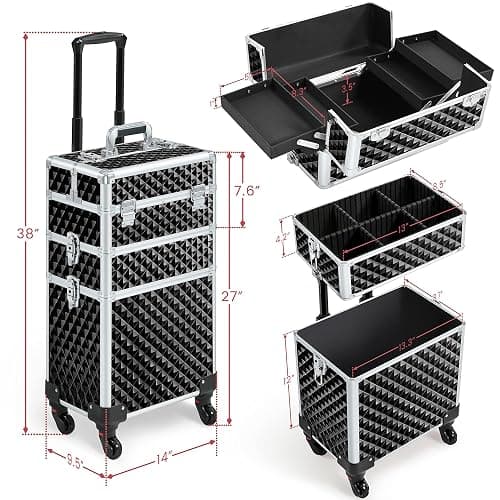 Yaheetech Rolling Makeup Train Case 3 in 1 Cosmetic Case Large Capacity Organizer with Swivel Wheels Key Cosmetic Trolley for Nail Tech Makeup - Black thumbnail 3