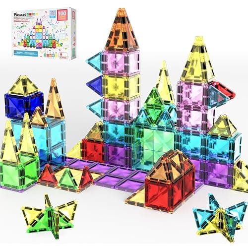 PicassoTiles 100 Piece Mini Magnetic Tiles, Travel STEM Toy for Kids 3+ | Diamond-shaped design, translucent pieces, compact carrying case, Montessori-inspired play, screen-free creativity - Image 1