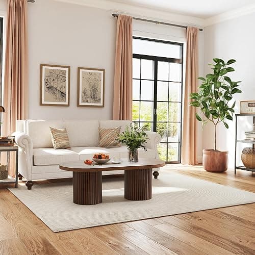 RUSTYER Oval Fluted Coffee Table, Farmhouse Wood Coffee Table Mid Century Modern Center Table Boho Living Room Tables for Living Room Office (Walnut, 19.69" D x 39.38" W x 13.78" H) - Walnut - 19.69"D x 39.38"W x 13.78"H thumbnail 3