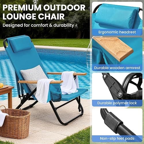 Canpsky 2 Pack Premium 5-Position Reclining Camping Chair - Portable Folding Lightweight Outdoor Chair with Wooden Armrests, Headrest & Pockets, 350lbs Heavy Duty for Beach, Patio, Backyard, Blue thumbnail 7