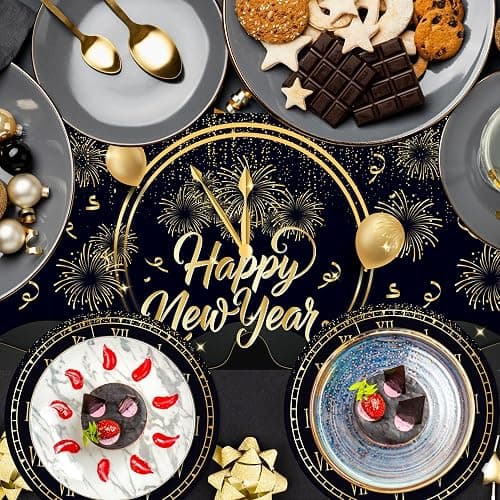 6 Pcs Plastic Happy New Year 2026 Table Runners - 14" x 108" Fireworks Balloon Christmas Winter Party Decoration - Black Gold Stars Clock Disposable Table Runner for Happy New Year Winter Table Decor thumbnail 7